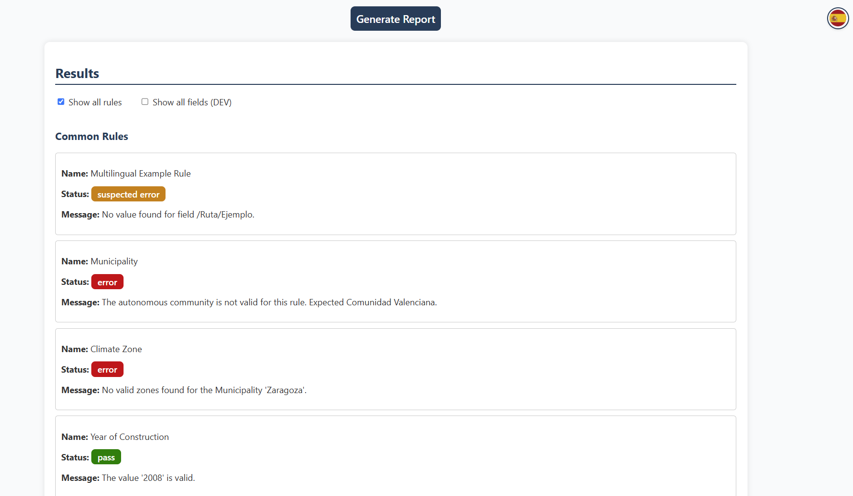 Validation results example