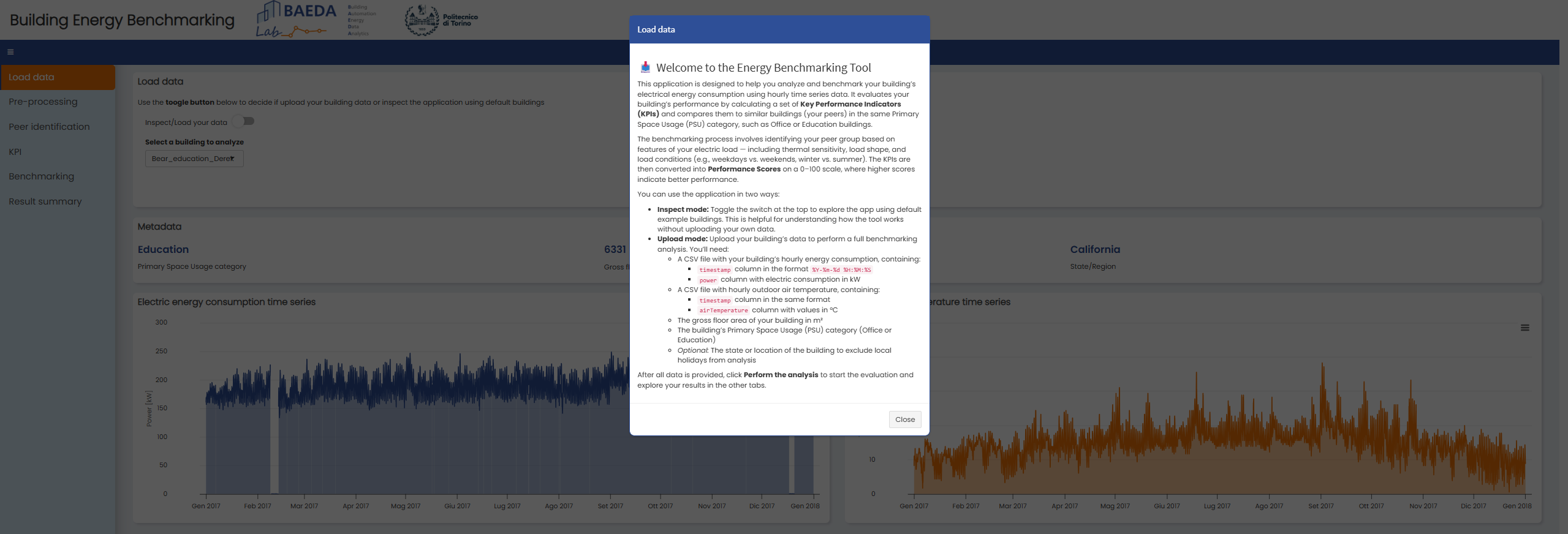 Timeseries Energy Benchmarking app screenshot